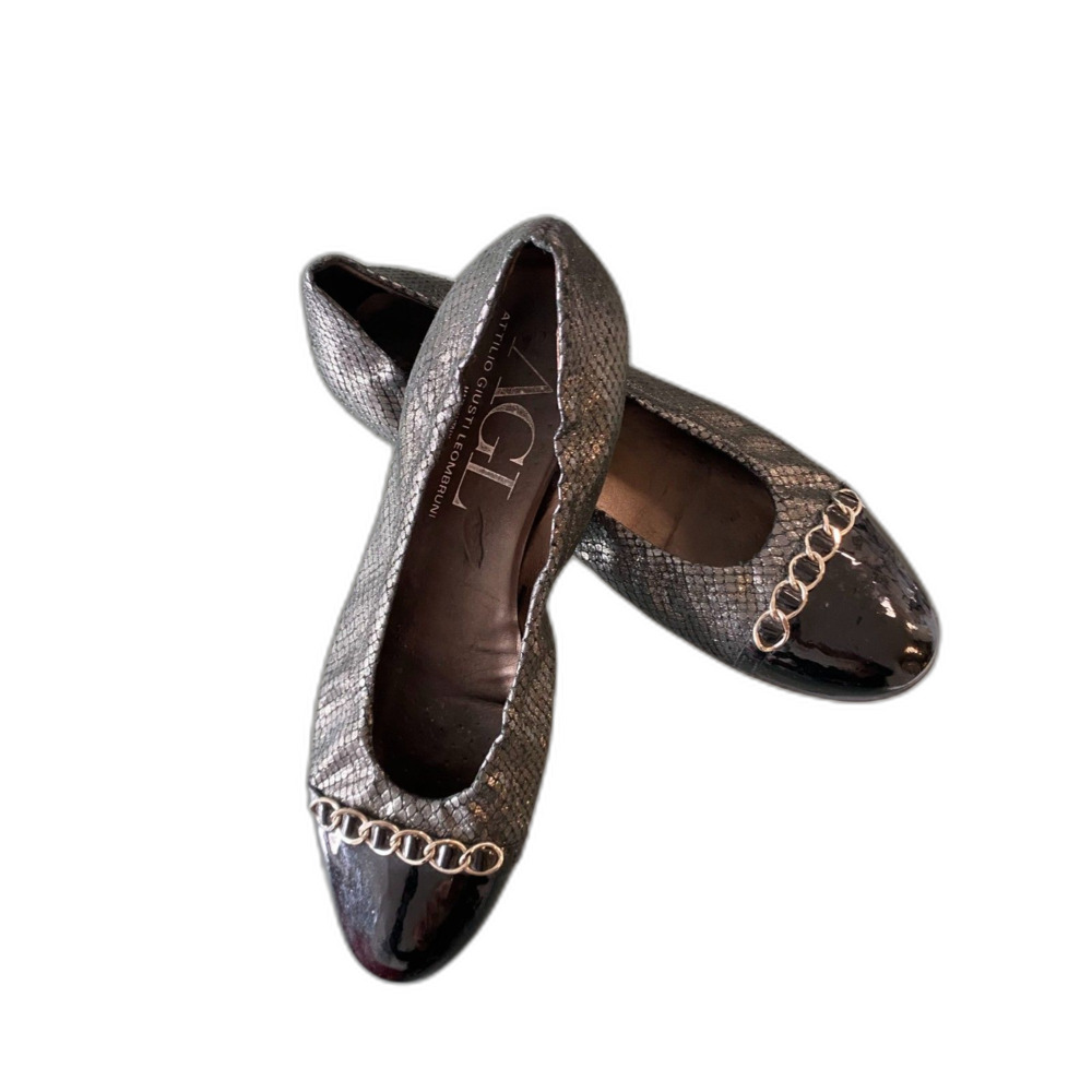 AGL Black Patent Leather Toe and Silver Ballet Flats - Size 10